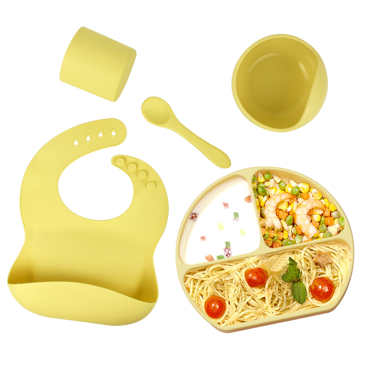 5-Piece Silicone Baby Feeding Set – Suction Bowl, Plate, Spoon & Bib