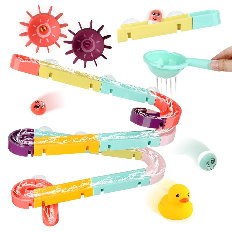 Suction cup bath marble run on a tub wall - BabyGroove